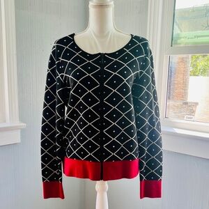 Chico's Black and White Diamond Pattern with Red Trim Cardigan Size 2